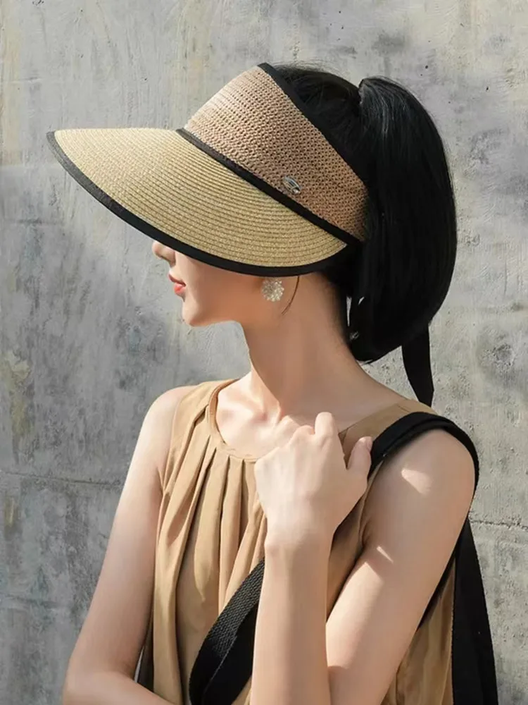 

Women's Summer Empty Top Straw Hat Wide Brim Sun Cap UV Protection Travel Panama Hats Lady Outdoor Beach Sunscreen Caps Feminino