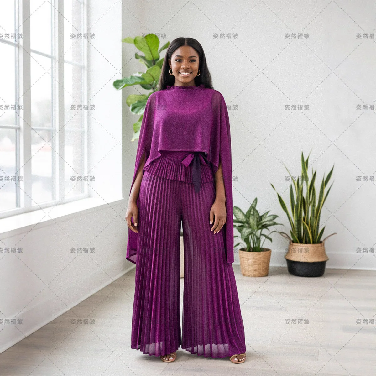 미야케 폴드 2025 신상 가을/겨울 쉬폰 프레스드 폴드 투피스 세트 여성 패션 와이드 레그 백폴드 팬츠 경량