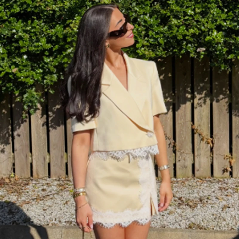 HXAO Spitzen-Set mit gelben Shorts und Röcken, Sommeranzug für Damen, kurzärmlige Blazer-Outfits, Mini-High-Waist-Culottes, Strandanzüge – Detail 11