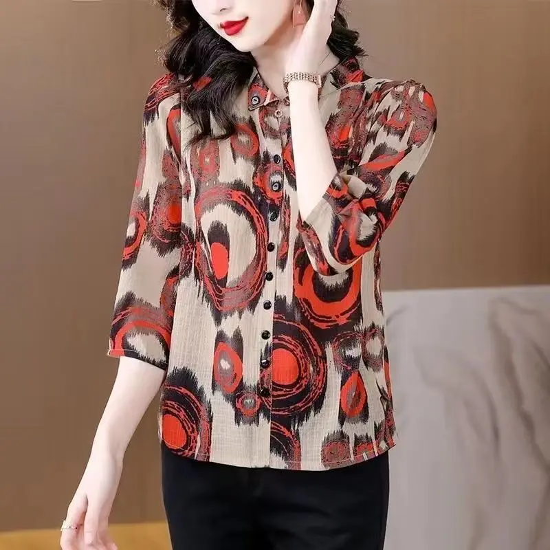 Women\'s Clothing Vintage Printed Elegant Button Up Shirt Spring Summer Korean Fashion 3/4 Sleeve Blouse Loose Ladies Tops Blusas