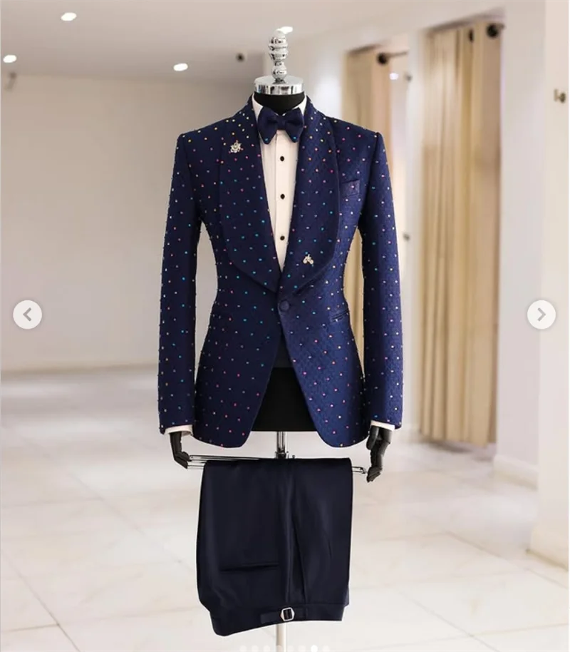 

Blue Beaded Men Suit Set 2 Pcs Blazer+Black Cotton Pants Trousers Customized Formal Office Business Jacket Wedding Tuxedos Coat