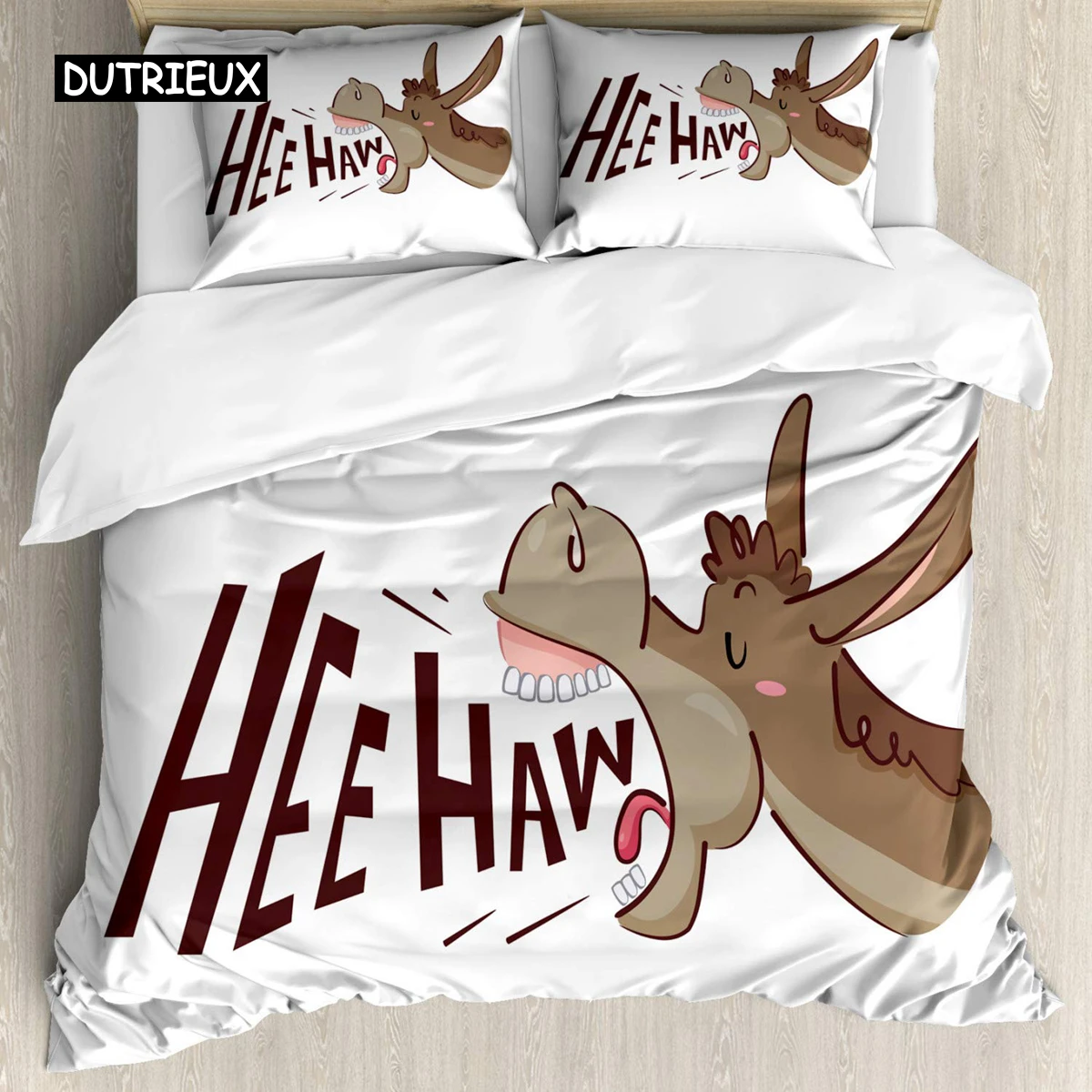 Donkey Duvet Cover Set Cartoon Donkey with HEE Haw Text Funny Domestic Animal Portrait King Size Twin Bedding Set for Kids Teens