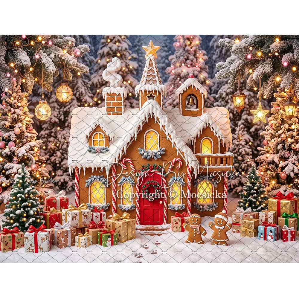 Mocsicka Christmas Gingerbread House Backdrop Photography Cookie Xmas Tree Present Snowy Forest Background Winter Studio Photo