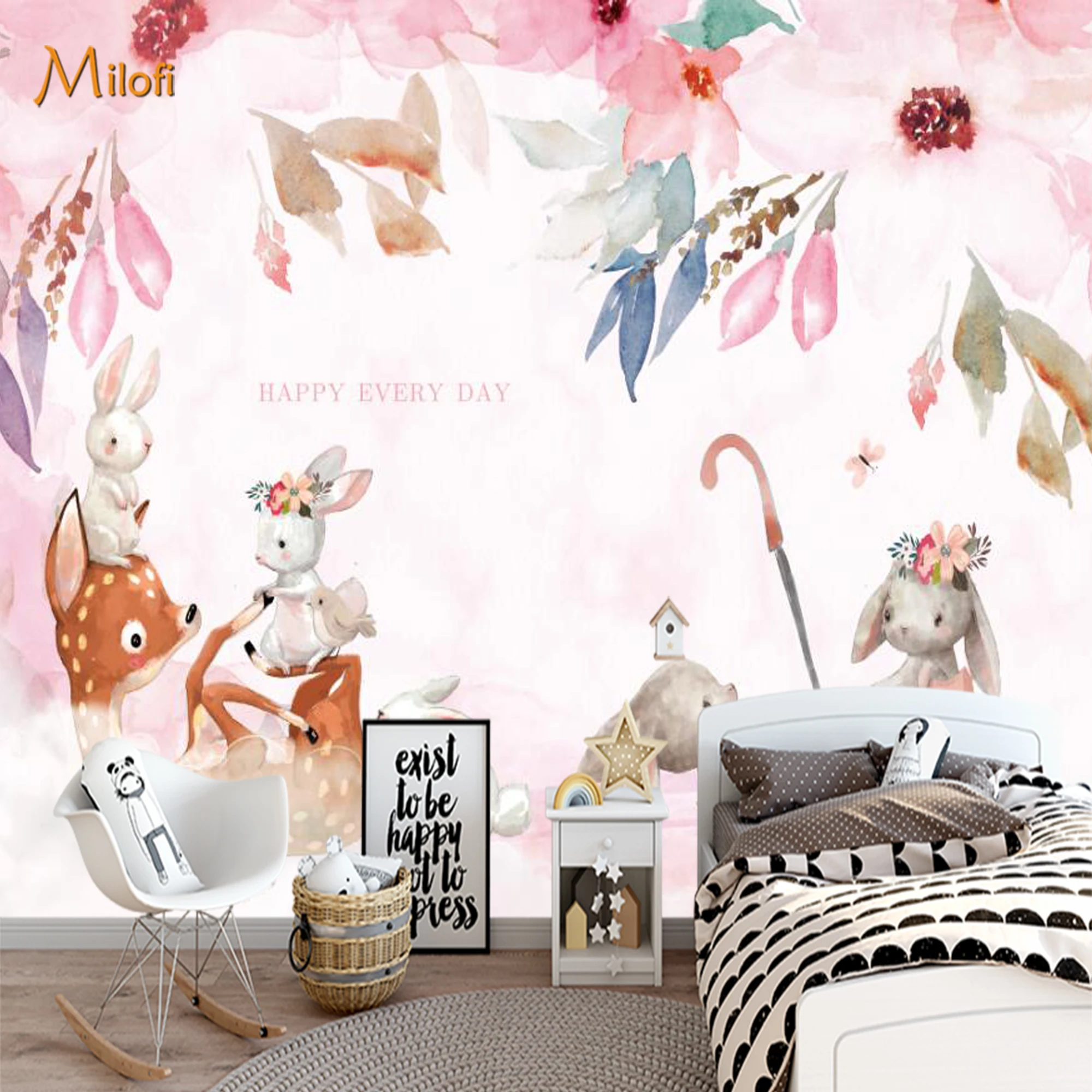 Custom Mural Wallpaper Kids Peel And Stick Wall Cute Rabbit Deer Floral Watercolor Animal For Girls Nursery Bedroom Home Decor