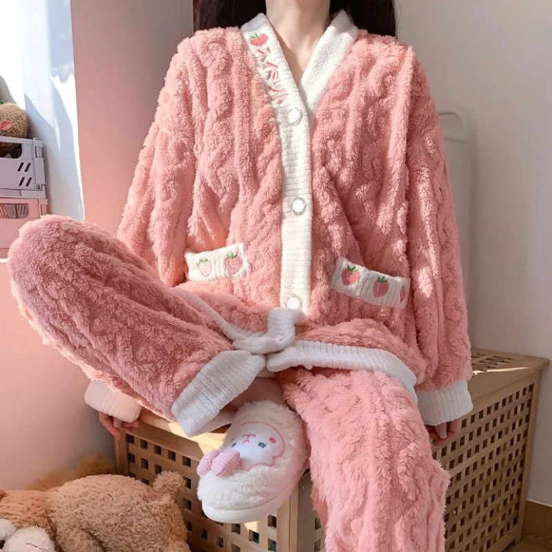 Plus Velvet Pajama Sets Women Sleepwear Long Sleeve Thick Coral Fleece Winter Students Preppy Loose Korean Home Cozy Soft Female