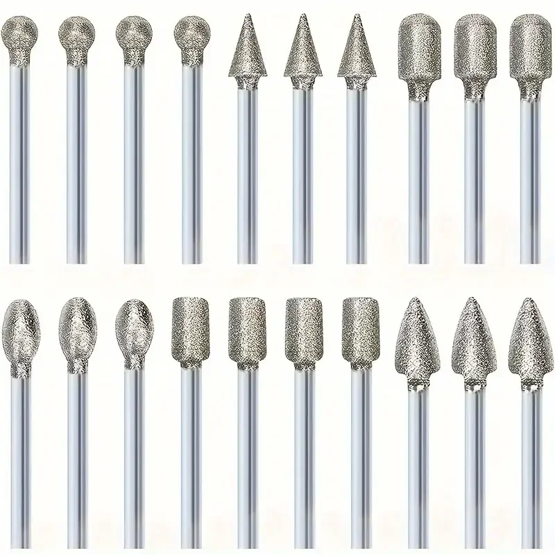 

20pcs Diamond Grinding Heads Mini Bit For Rotary Drill Tool Burrs Grinding Accessories 3mm Shank Tools Kit Abrasive Tool