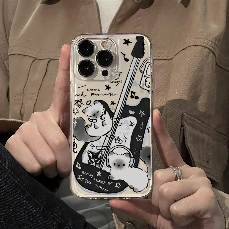 Black Guitar Music Cat Phone Case For iPhone 16 15 14 13 12 11 Mini Pro Max X XR XSMax 7 8 Plus SE20 luxury Transparent Cover