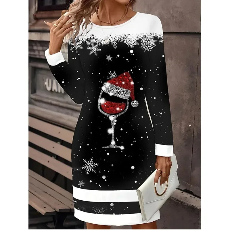 

Women Christmas Party Dress 3D Funny Wine Christmas Element Printed Dress 2024 New Autumn Winter Long Sleeve O-neck Casual Dress