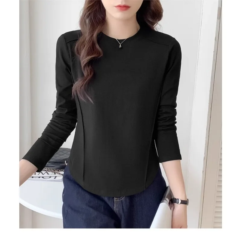 Autumn Winter Thin Long-sleeved Bottoming Shirt for Women Fashionable Fishbone Design Irregular Curved Hem Inner Top