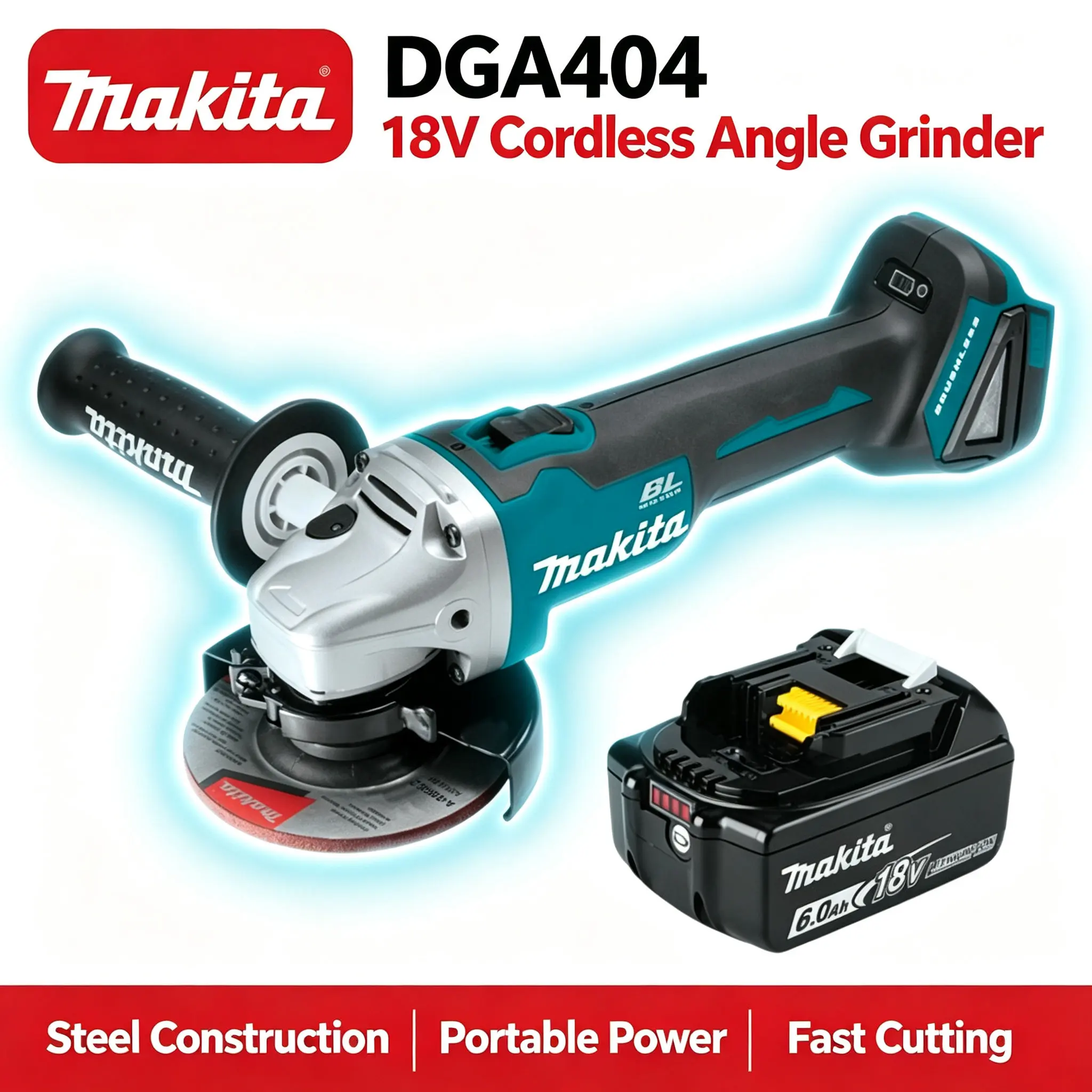 Makita 18V DGA404 125-mm-Lithium-Ionen-Akku-Winkelschleifer, robustes kabelloses Elektrowerkzeug für Schleifen, Schneiden, Schweißschaben und Oberflächenbearbeitung auf Baustellen.