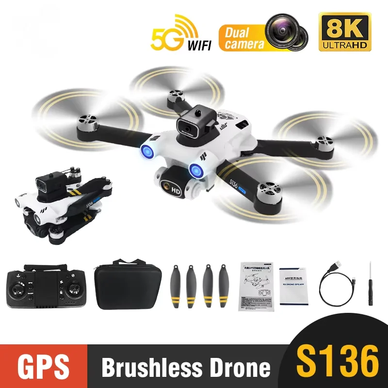 

Радиоуправляемый дрон S136 с двумя HD-камерами 8K, Wi-Fi 5G, квадрокоптер с обходом препятствий, GPS, бесщеточный, складной, с автовозвратом, игрушка для детей