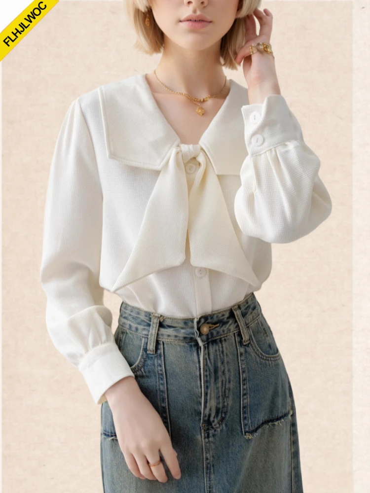 

Bow Tie Tops Women Korean Style Design Clothes Autumn Long Sleeve Elegant Office Lady Cute Ribbon Button Basic Shirts Blouses
