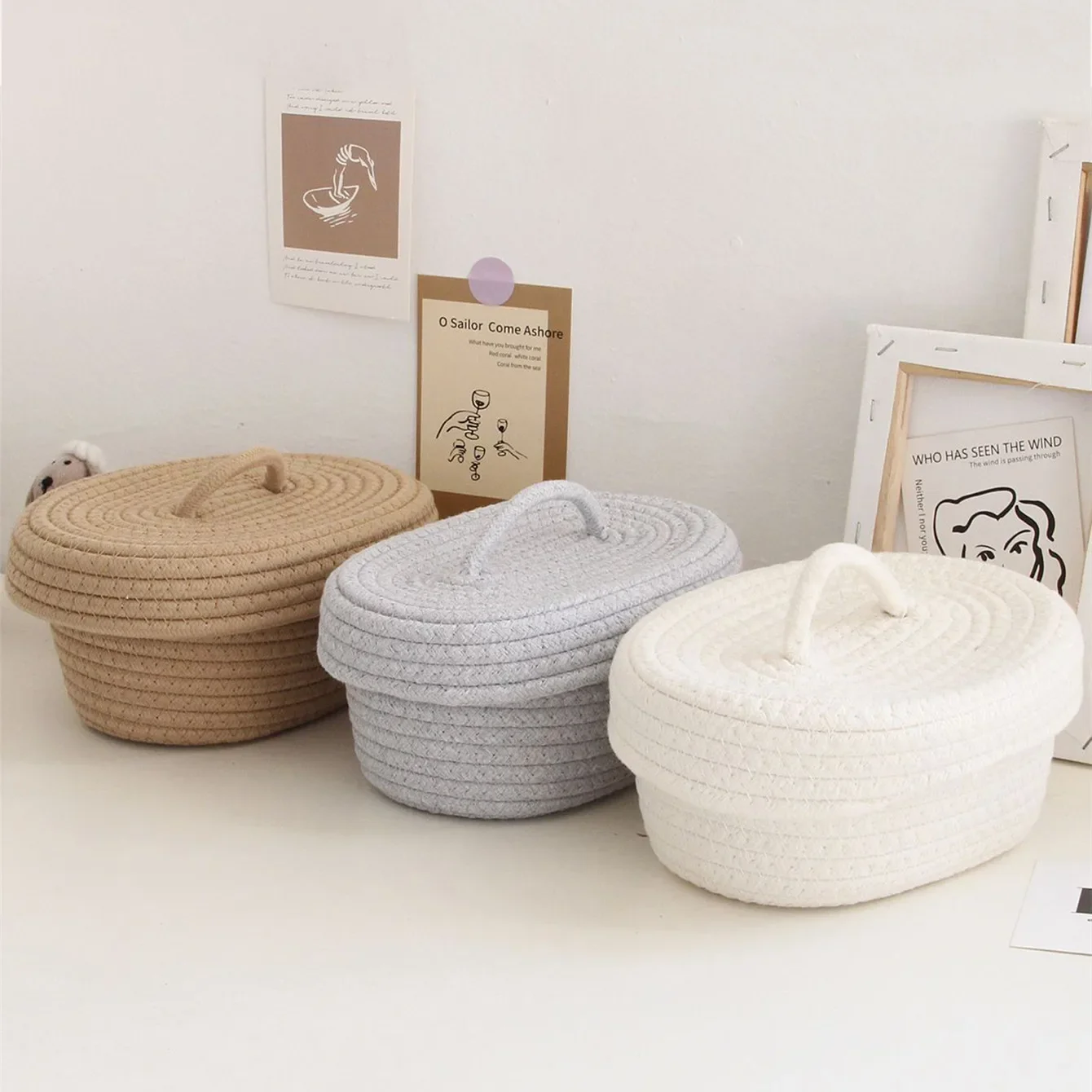 Simple Desktop Storage Baskets Lid Handmade Woven Remote Control Organize Boxs Multifunctional Sundries Cosmetics Container Item