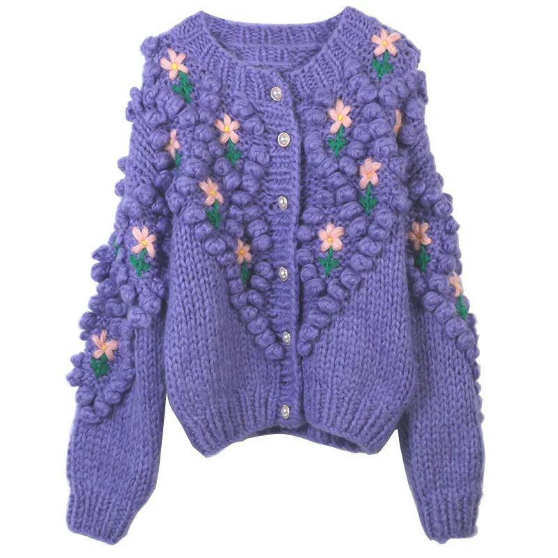 

Jastie 2023 Autumn Winter Women Sweater Heavy Industry Flower Hand Embroidery O Neck Long-sleeve Purple Knitted Cardigan Jacket