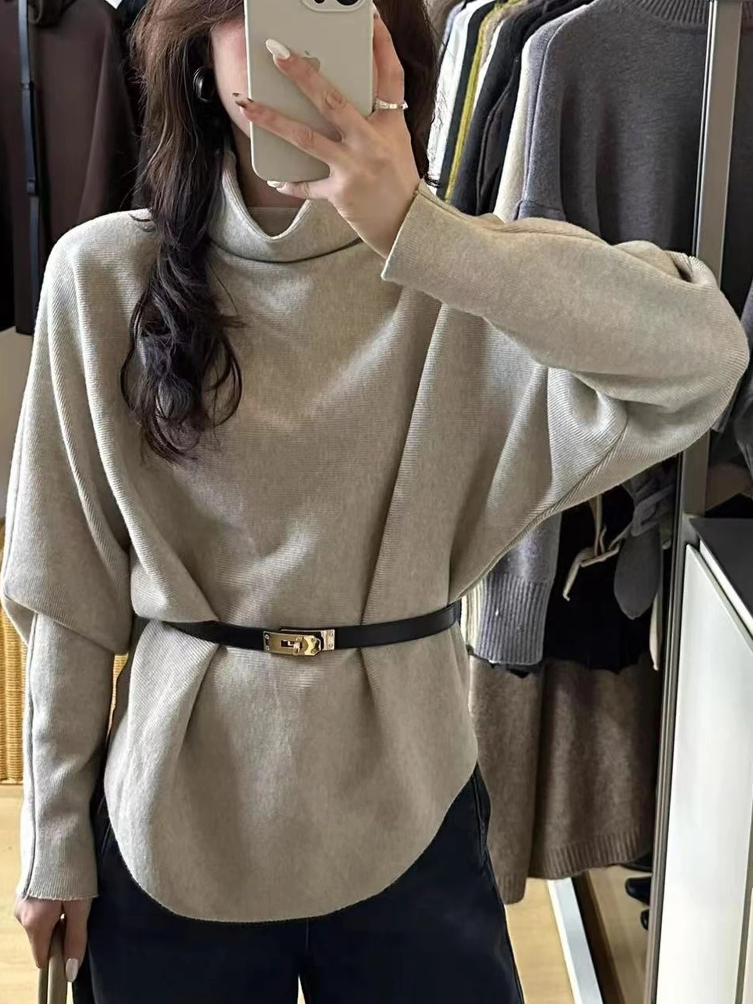 Retro High Collar Long Sleeve Knitted Base Shirt Women's Loose Slimming Sweater Autumn Winter Inner Wear High-End Feeling Top