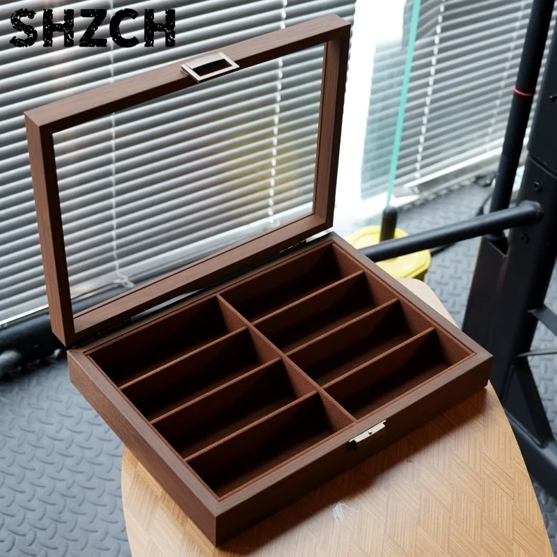 Ebony Wood Eyewear Organizer, Multi-Compartment Jewelry Storage Box with Locking Clasp, View Window Display Case for Sunglasses