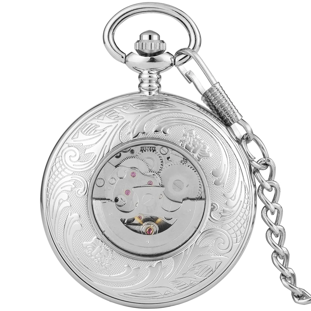 Transparent Glass Roman Numerals Blue Dial Automatic Mechanical Pocket Watch Silver Fob Chain Pendant Pocket Clock Vintage Gift