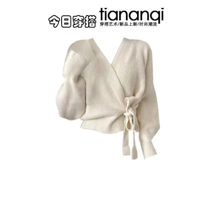 مجموعة الربيع والخريف على الطراز الفرنسي، سترة أنثوية برقبة على شكل حرف V + تنورة ذيل السمكة المحبوكة الراقية مكونة من قطعتين #6