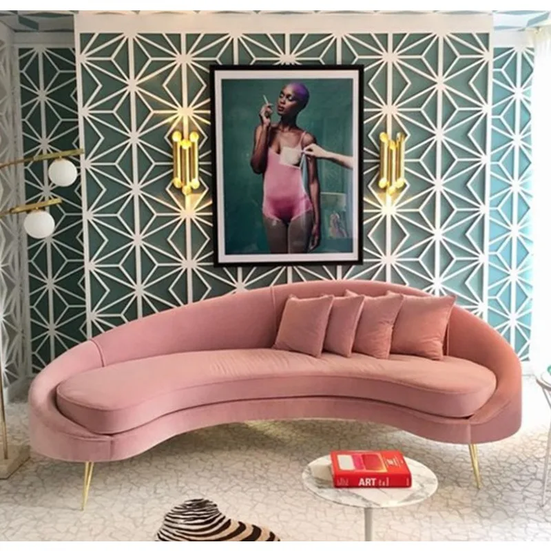 Special-shaped sofa lobby clubhouse pink curved sofa stainless steel foot metal sofa