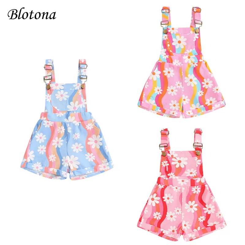 

Blotona Toddler Girls Overalls Farm Daisy Print Sleeveless Straps Buttons Pockets Shortall Summer Romper Jumpsuit