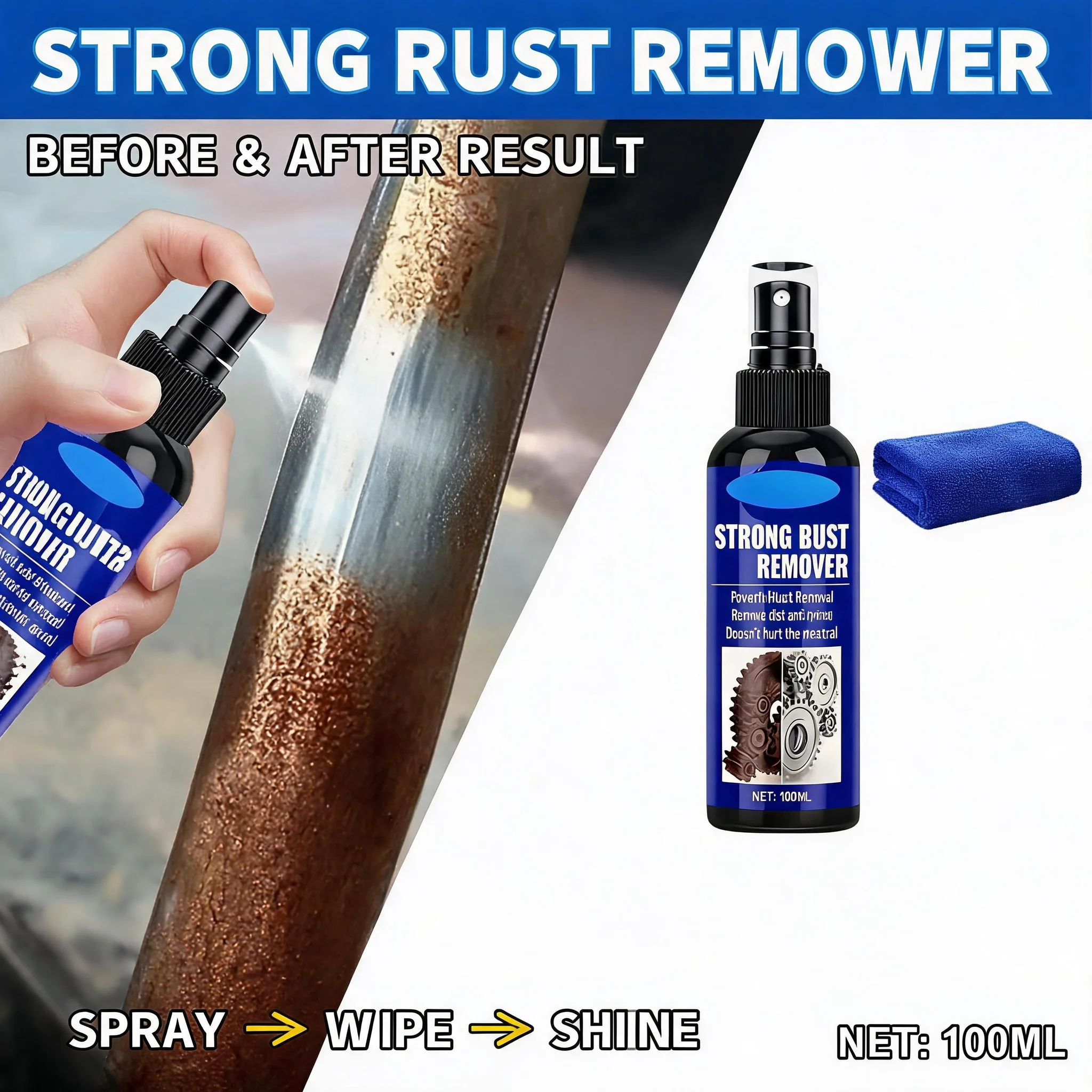 Quick Effect Car Rust Derusting Spray Auto Exhaust Pipe Cleaner Wheel Hub Care Metal Iron Powder Stain Removal Cleaning Agent