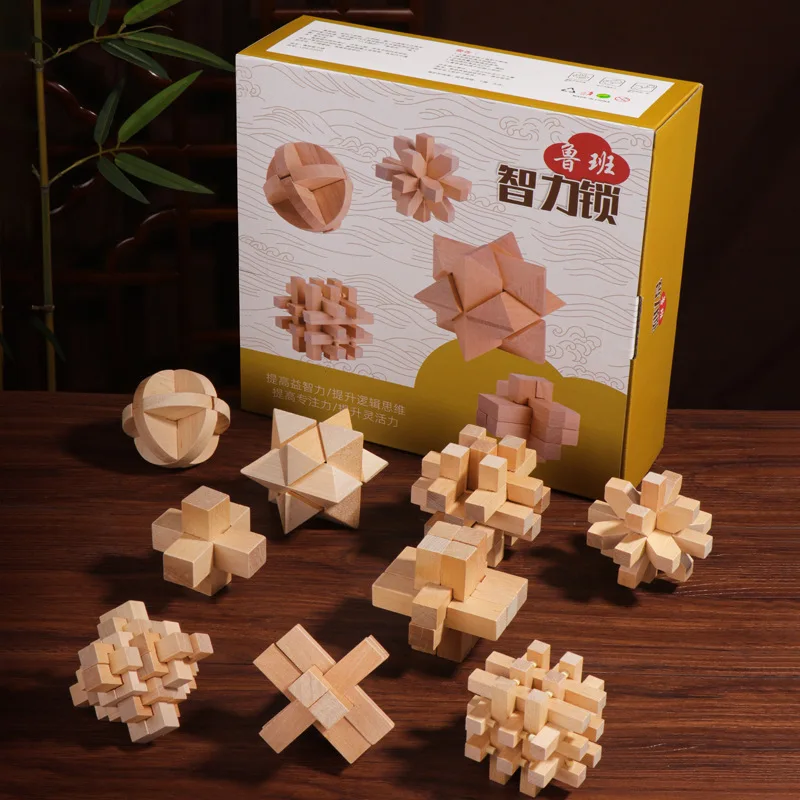 

9Pcs Kong Ming Luban Lock Kids Children 3D Handmade Wooden Toy Adult Intellectual IQ Brain Teaser Game Puzzle Educational Toys