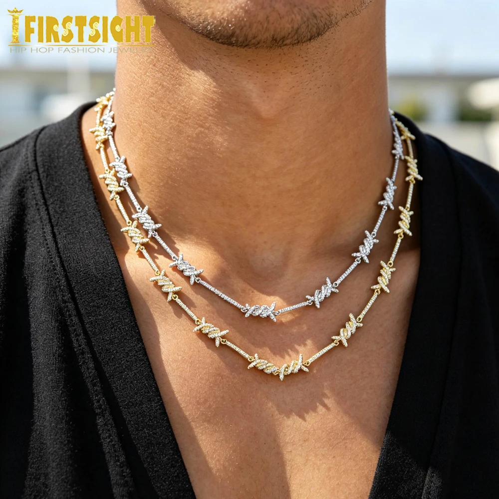 Geometric CZ Bar Barbed Wire Charm Necklace Gold Silver Color Cubic Zirconia Chain Fashion Men Women Hiphop Jewelry