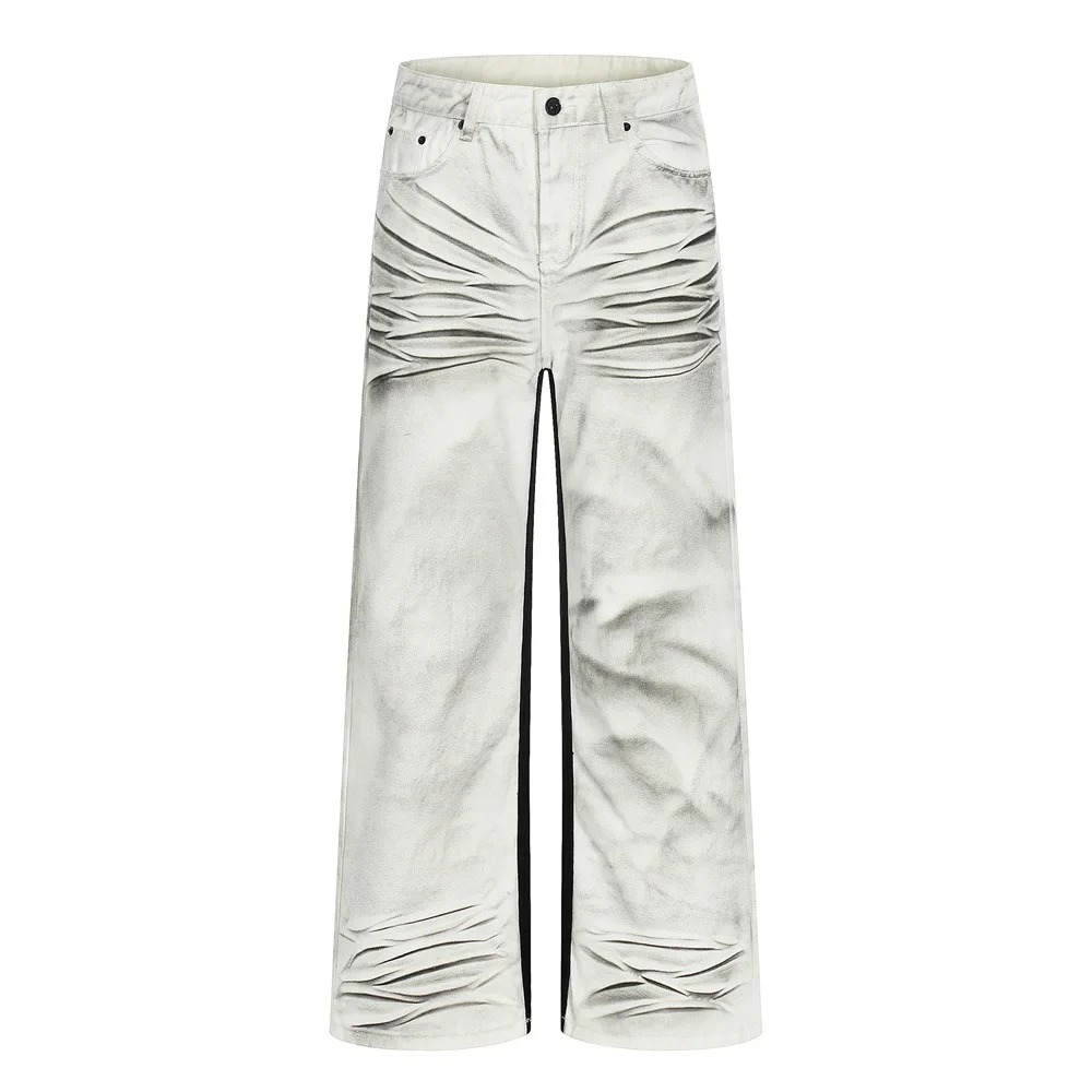 MWJLPWQ Autumn Gradient Pleated Distressed Wide-Leg Jeans For Men Punk Style Heavy-Duty Niche Loose Straight-Leg Trousers 14703