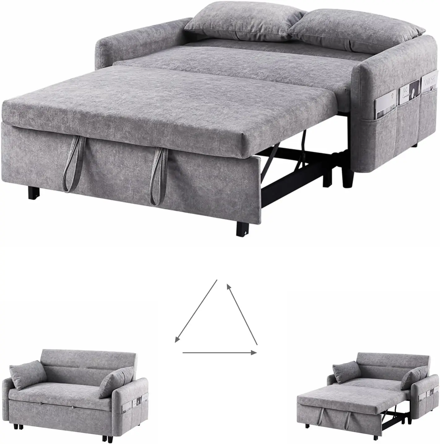 

Convertible Sleeper Sofa Bed, 3 In 1 Multi-Functional Pull Out Loveseat Sleeper With Usb Port And 2 Pillows, Microfiber