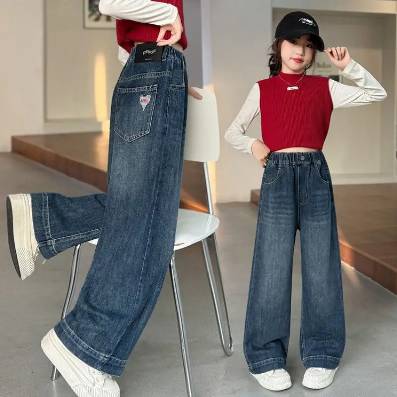 Girls Wide Leg Jeans 2025 Spring Autumn Fashion Children's Casual Denim Pants Kids Retro Design Straight Leg Baggy Trousers