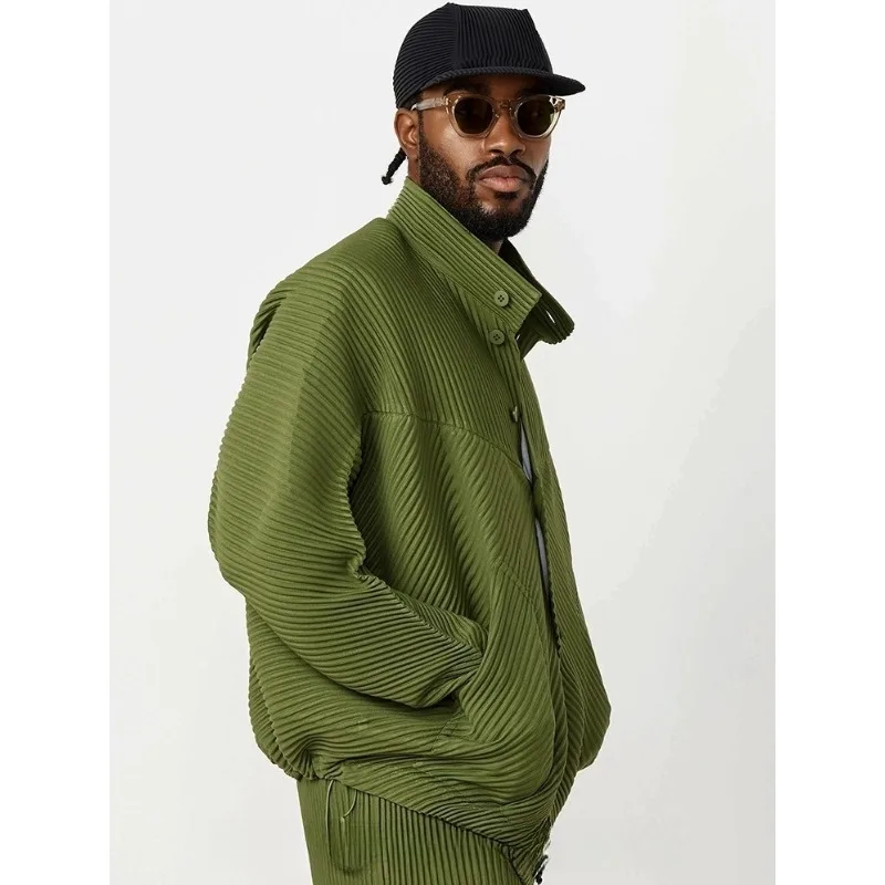 

Miyake Pleated Men's Casual Long-Sleeve Jacket Outerwear Fashion Versatile Relaxed-Fit Stretch Straight-Leg Pants 2-Piece Set