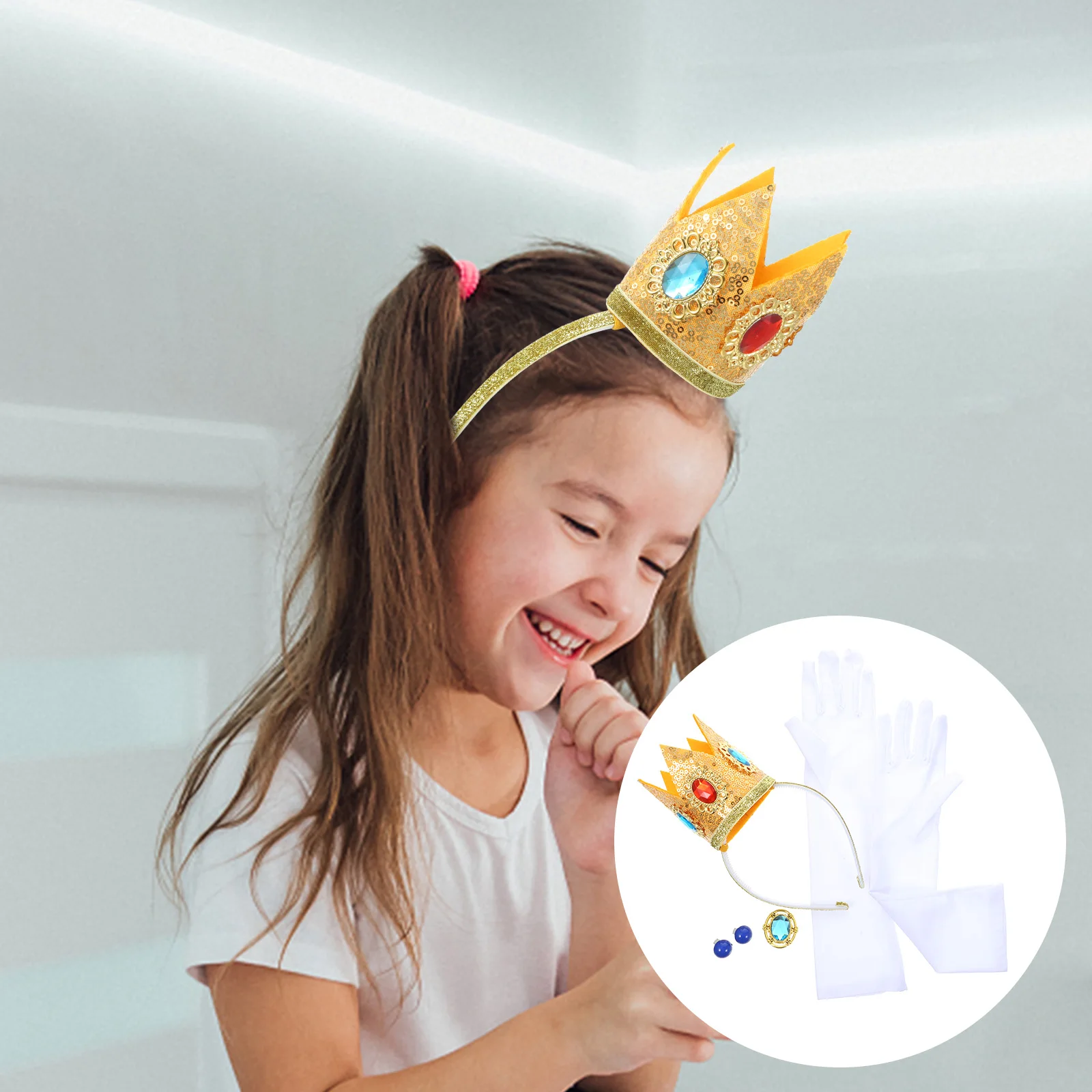

Princess Crown Headband Earring Set Acrylic Gloves Baby Prop Halloween Costume Accessories Women Girls Cosplay Stage Performance