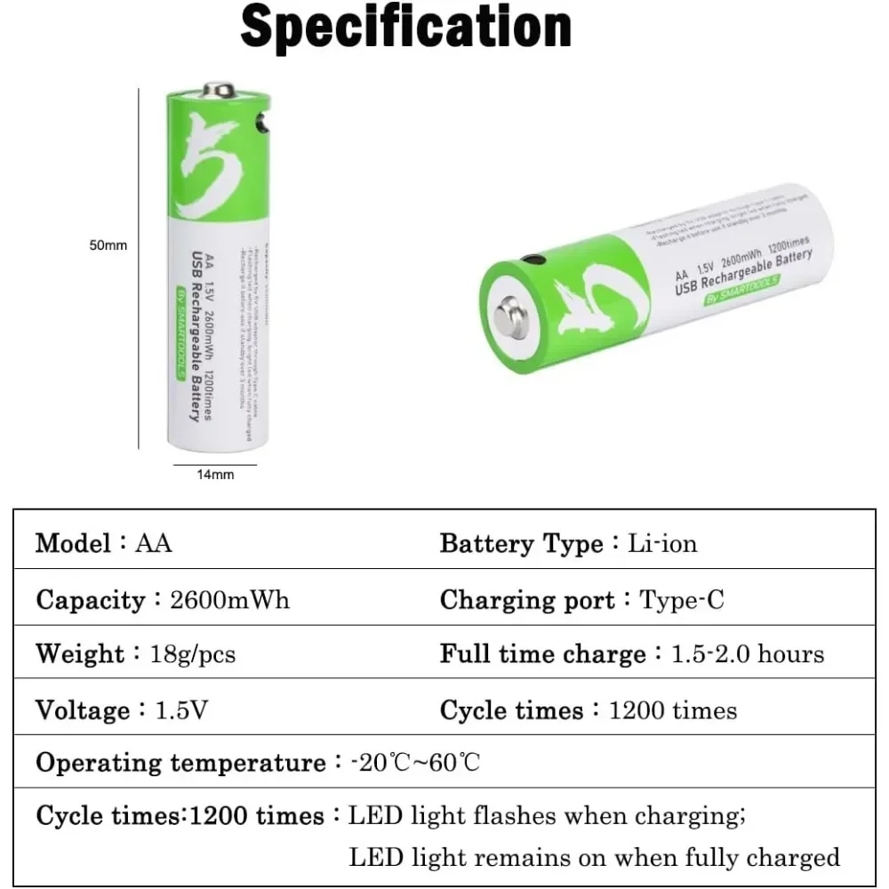 4 buah baterai Li-ion isi ulang USB 1.5V AA 2600mWh kapasitas tinggi untuk Mouse pengendali jarak jauh baterai mainan elektrik + kabel