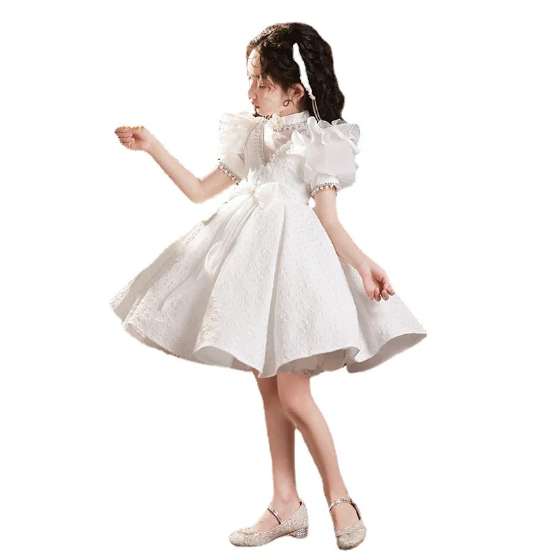 Children Prom Dress Chic Tulle Petal Sleeves Pearl Princess Dresses Kids Girls Party Performance Clothing High Collar Ball Gown