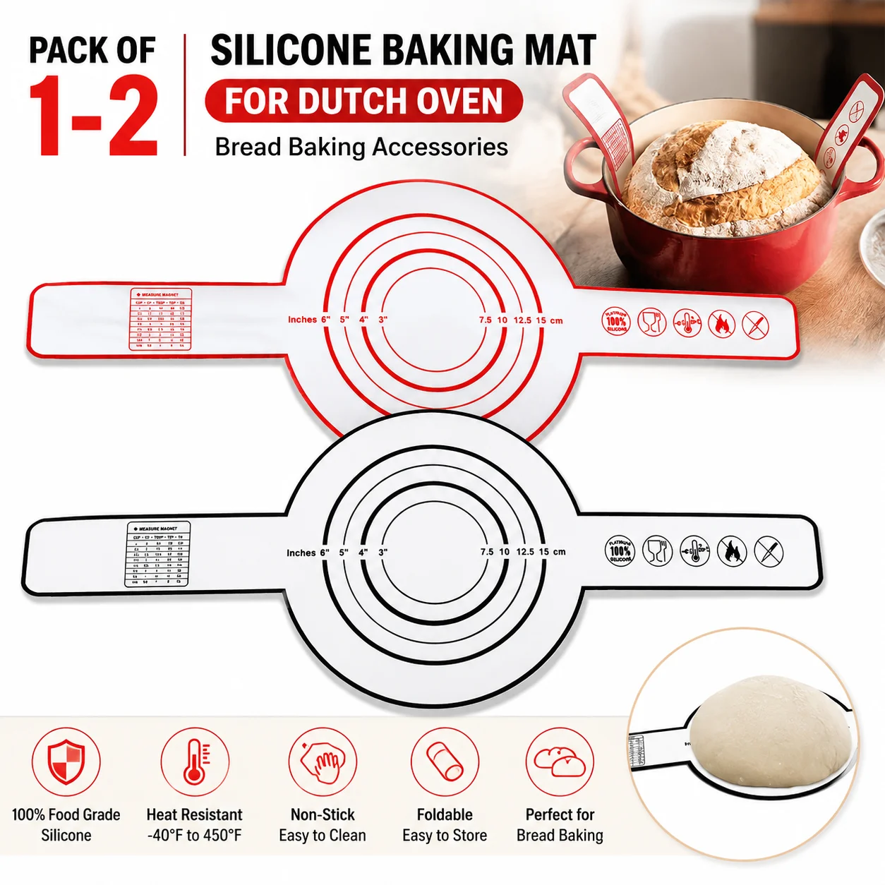1-2pcs Silicone Baking Mat, Bread Baking Mat with Long Handles Reusable Silicone Sourdough Bread Sling Silicone Dutch Oven Liner