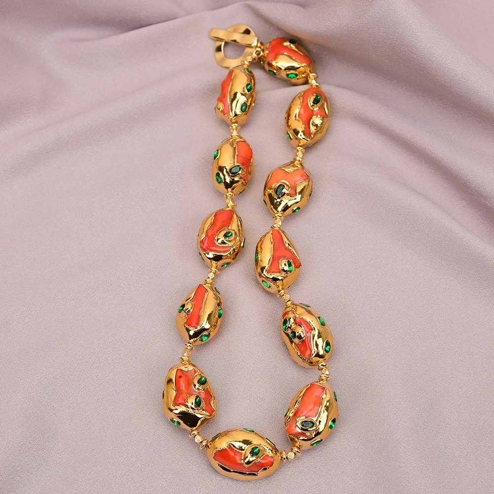 G-G 20'' Natural Orange Coral Nugget With Green Crystal Paved Gold Plated Beads Necklace