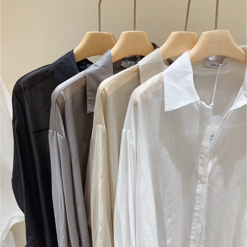 2024 New Summer Sun Protection Solid Color Women's Shirt Folds Simplicity Loose Casual Button Lapels Long Sleeve Y2K Chic Tops