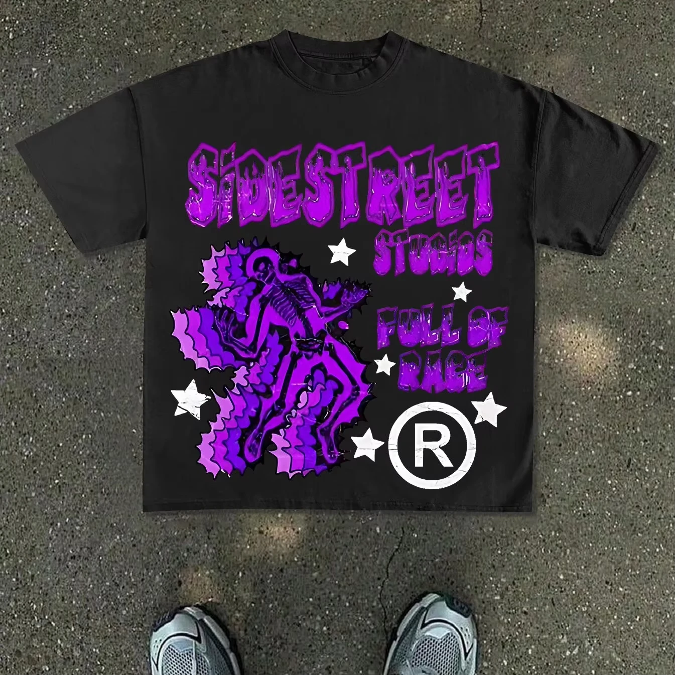 Men's New T-shirt, Y2K Fashion Print, Loose White Base, Featuring Exaggerated Purple Artistic Font SIDESTREET STUDIOS Paired