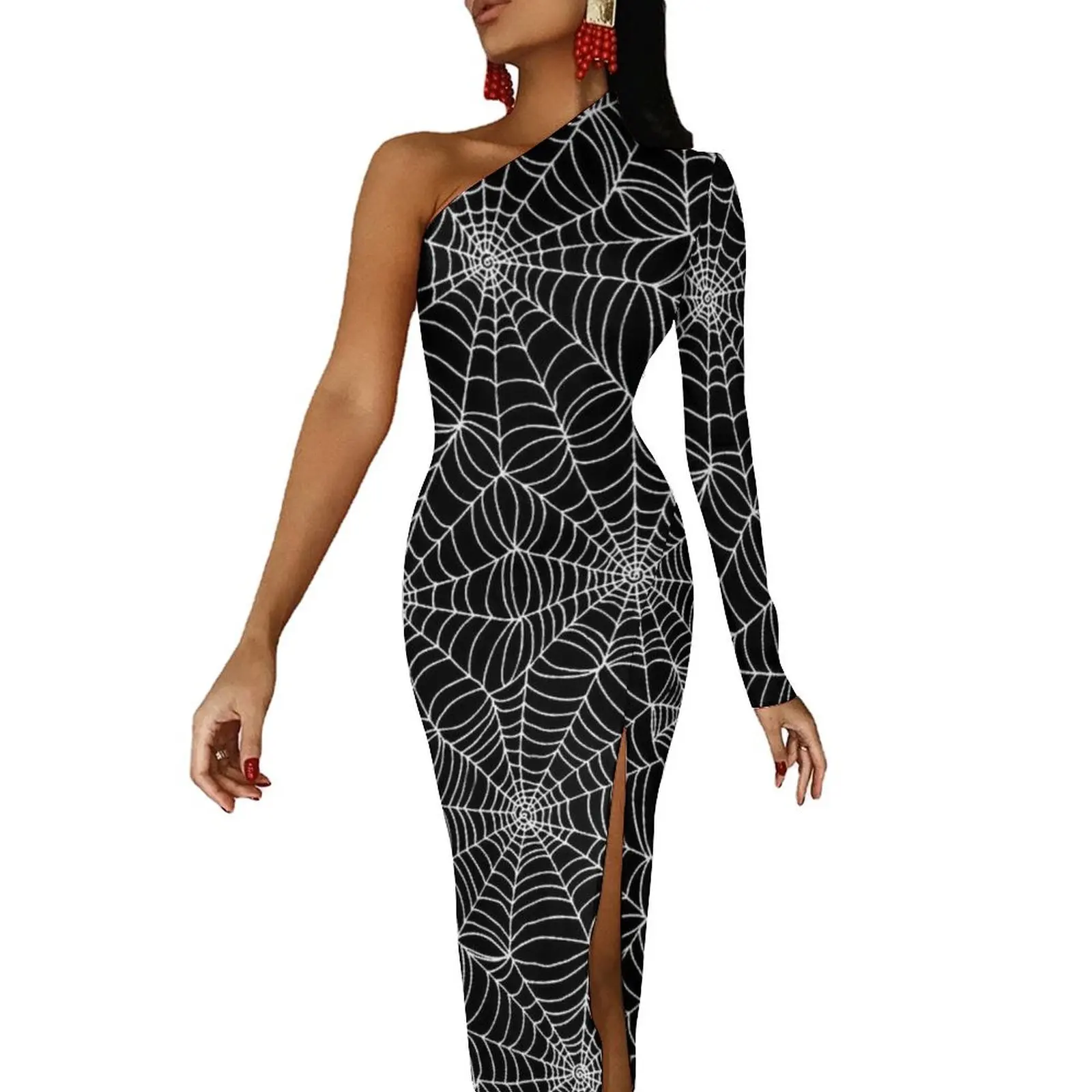 Halloween Long Dress Female Spider Web Pattern Party Maxi Dress Autumn Vintage Bodycon Dresses Side Split Design Vestidos