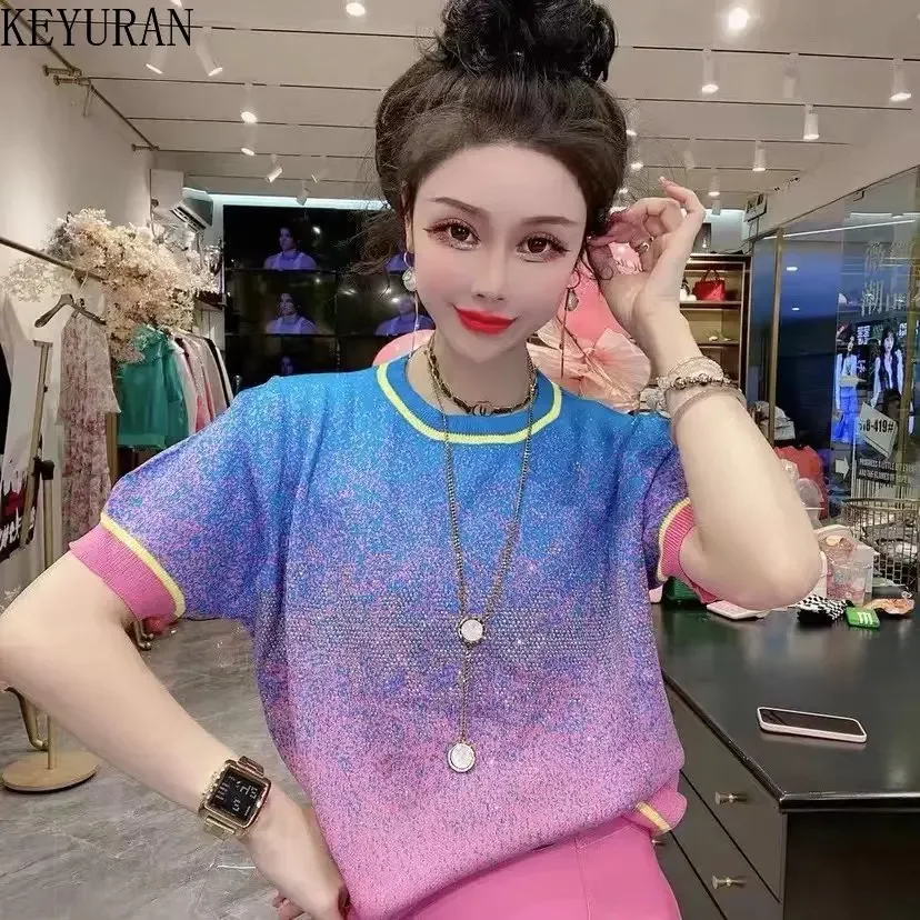 2024 Summer Colorful Gradient Color Matching O-neck Loose Short-sleeved Ice Silk Sweater Women Thin Diamonds Knitted T-Shirt Top