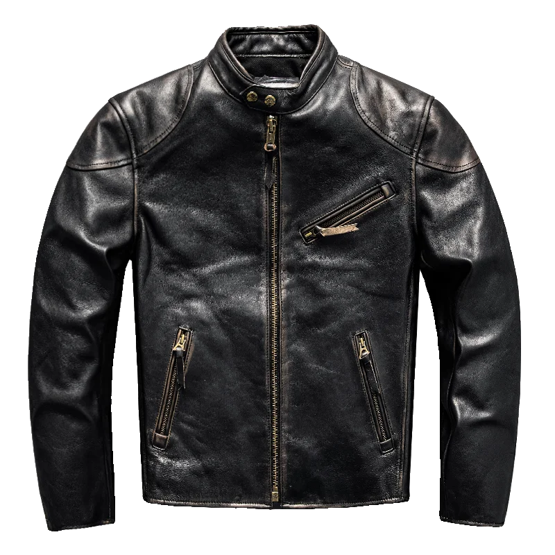 

Retro Black Spring Leather Jacket Men Punk Style Plus Size 5XL Natural Horsehide Slim Fit Short Genuine Leather Coat