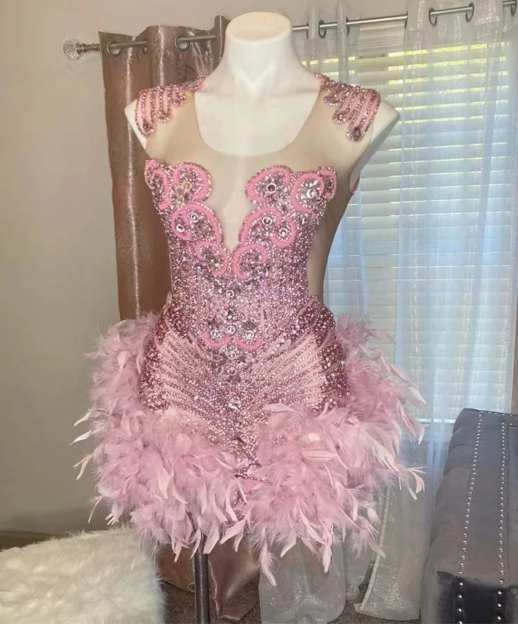 Pink African American Prom Dresses For Black Girls Feather Crystals Birthday Party Short Cocktail Dresses Nigeria Customized