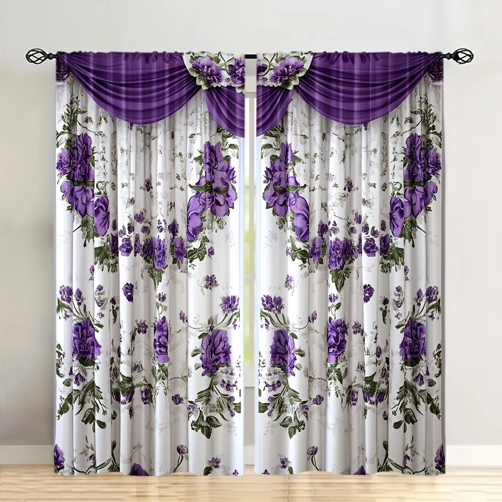 2 Pcs Purple Floral Print Curtains – Polyester Rod Pocket Design for All-Season Decor, Perfect for Bedroom Living Room & More