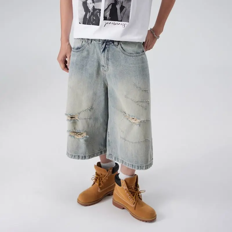 2025 Summer Minimalist  Loose Shorts Blue Retro Washed Ripped  baggy Shorts Jeans Cargo Pants Men Clothing streetwear