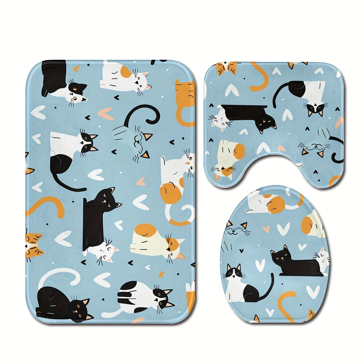 

3pcs cute cat-designed bathroom rug set, including non-slip bathroom mat, contour mat and toilet seat cover mat. Made of flannel