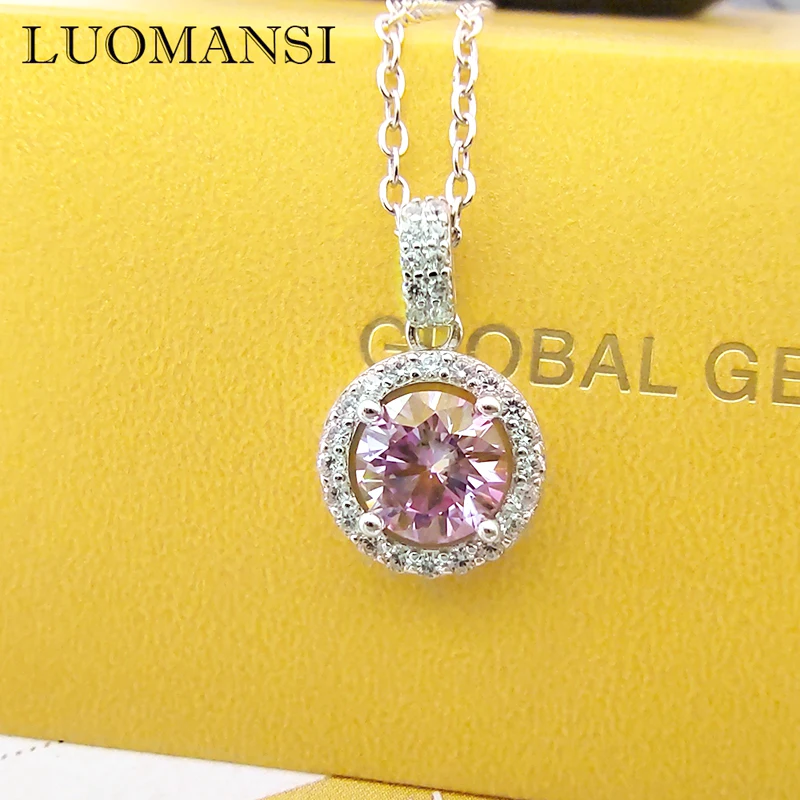 Luomansi Real 1 / 2 3CT 9MM Pink Moissanite Pendant Necklace with GRA Certificate Wedding Party Woman Jewelry Gift