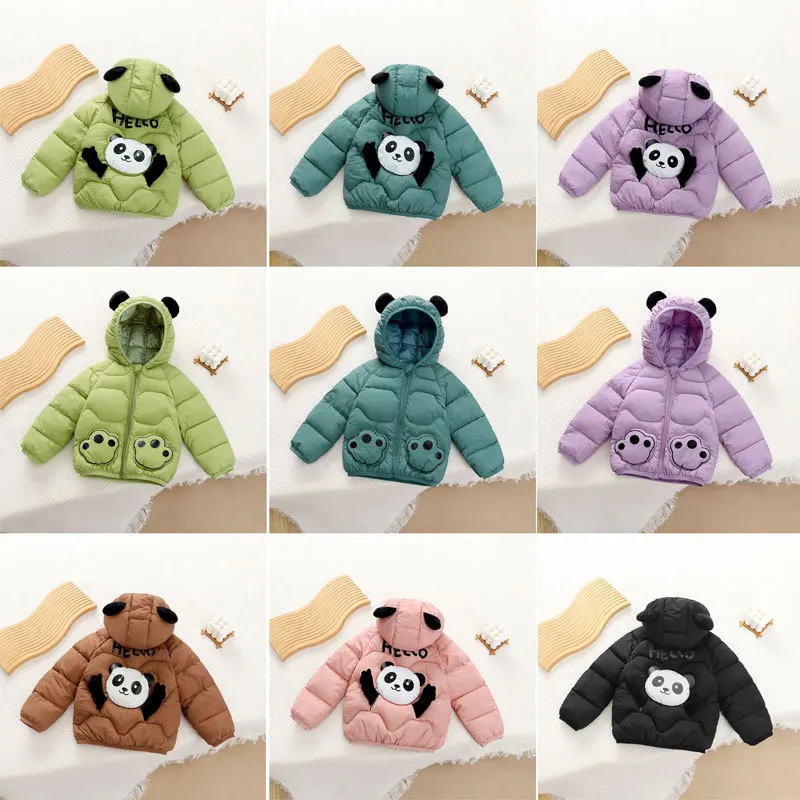 

Cute panda children's winter warm coat for boys and girls, hooded short down cotton autumn and winter cartoon cotton clothing