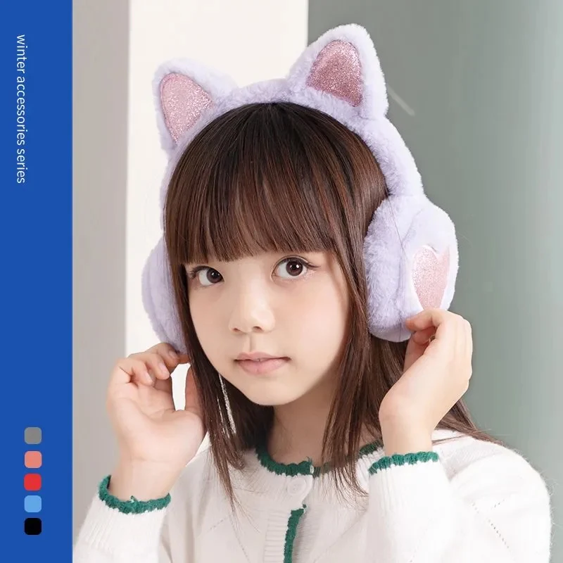 Plush Winter Warm Ear Earmuffs Glitter Cat Ear Warmers Heart Fur Hang Ear Cover for Women Girl Earflap Cold Protection Ear Muffs