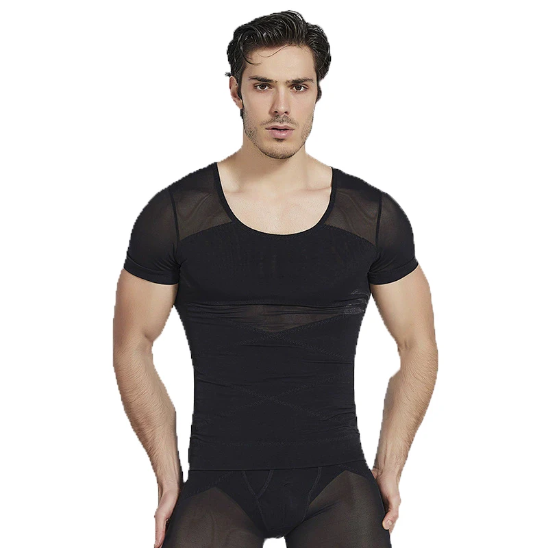 

PRAYGER New Men Gynecomastia Shapers Slimming Belly Tops Breathable Mesh Short Sleeves Shirts