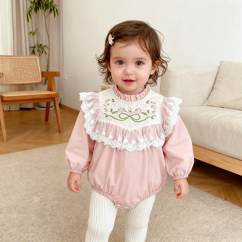 2026 New Spring Newborn 0-24M Baby Girls Cotton Bodysuits Long Sleeved Infant Baby Girls Jumpsuit Baby Girl Embroidery Clothing